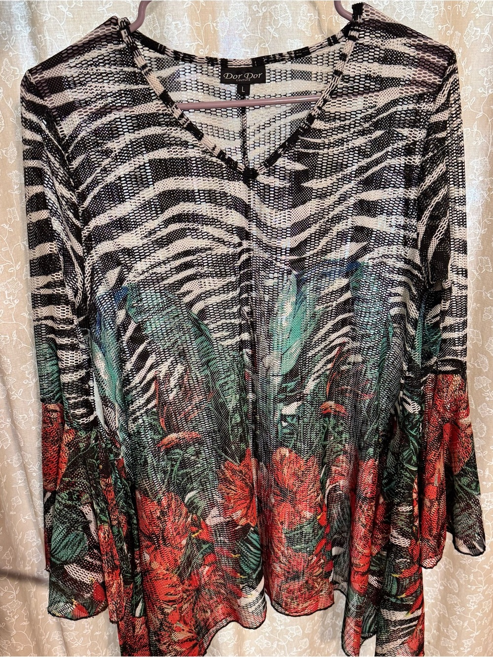 Dor Dor Couture Mesh Bell Sleeve Cover Up Zebra Floral Tunic L Whimsigoth Artsy